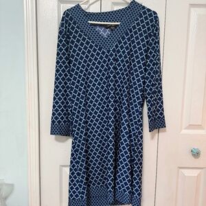 🌟 Carmen Marc Valvo Geometric Print Dress – Navy & Aqua – Size L 🌟